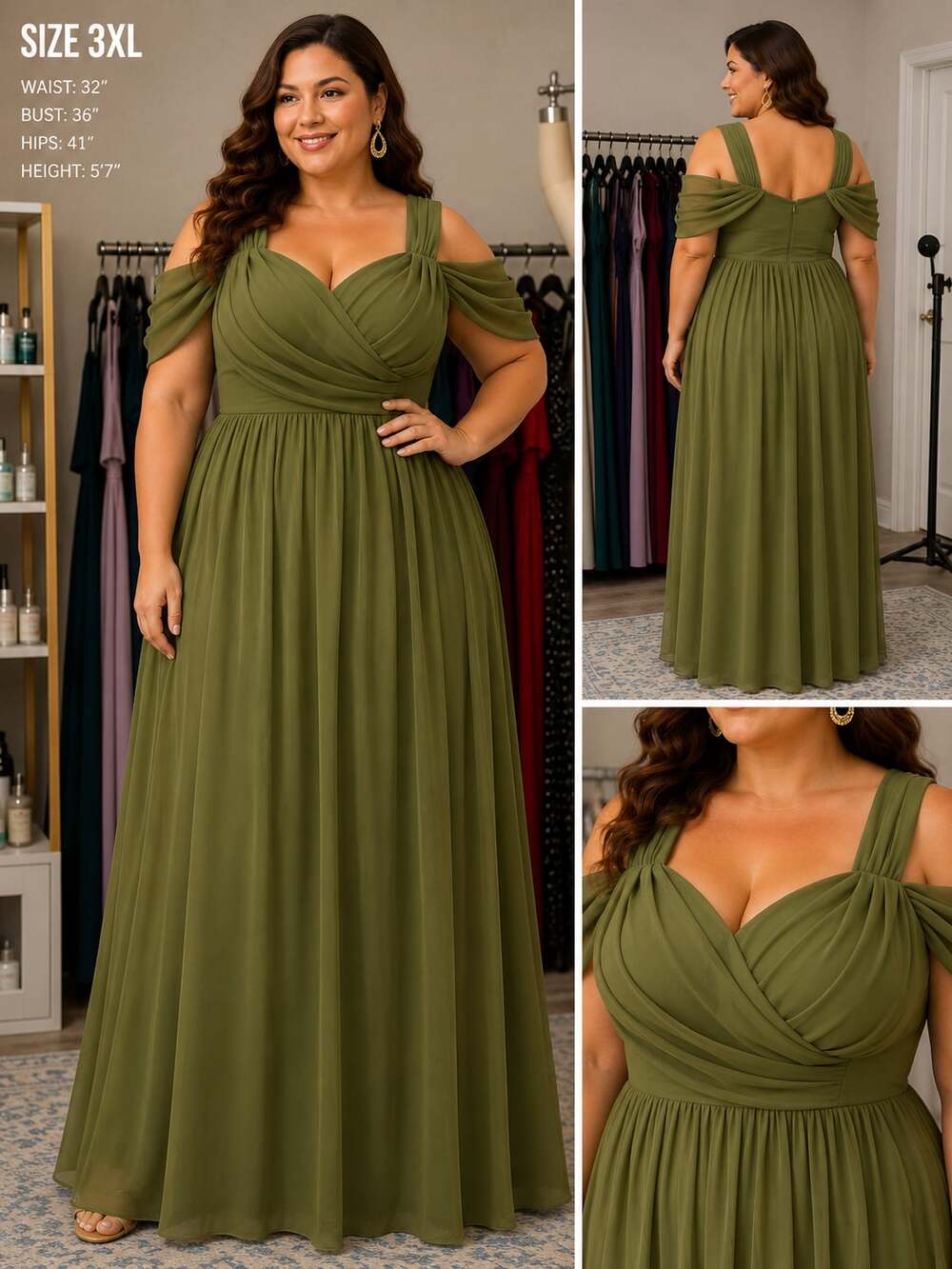 V-Neck Off-Shoulder Chiffon A-Line Bridesmaid Dress in Olive